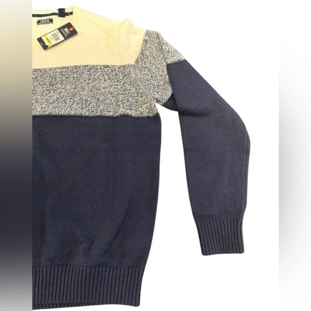 IZOD Mens Colorblock Crewneck Sweater Navy Cream‎ Grey Marl Stretch Pullover M